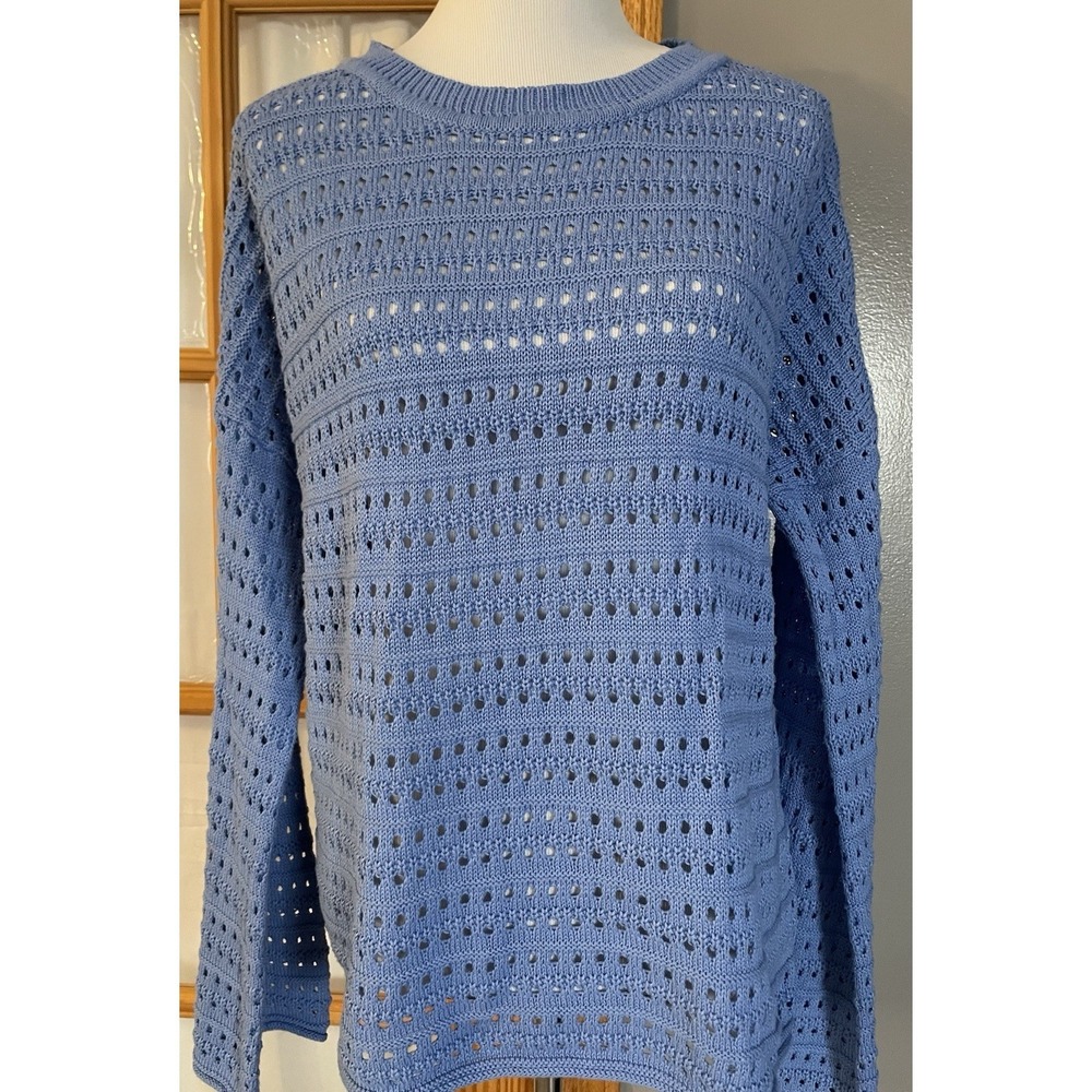 Hand Crocheted Pullover Sweater Mens XL Blue Open Knit Coastal Classic